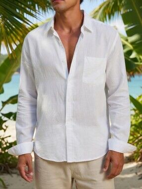 Caribbean Joe Men's White 100% Linen Button-Up Shirt Size XL